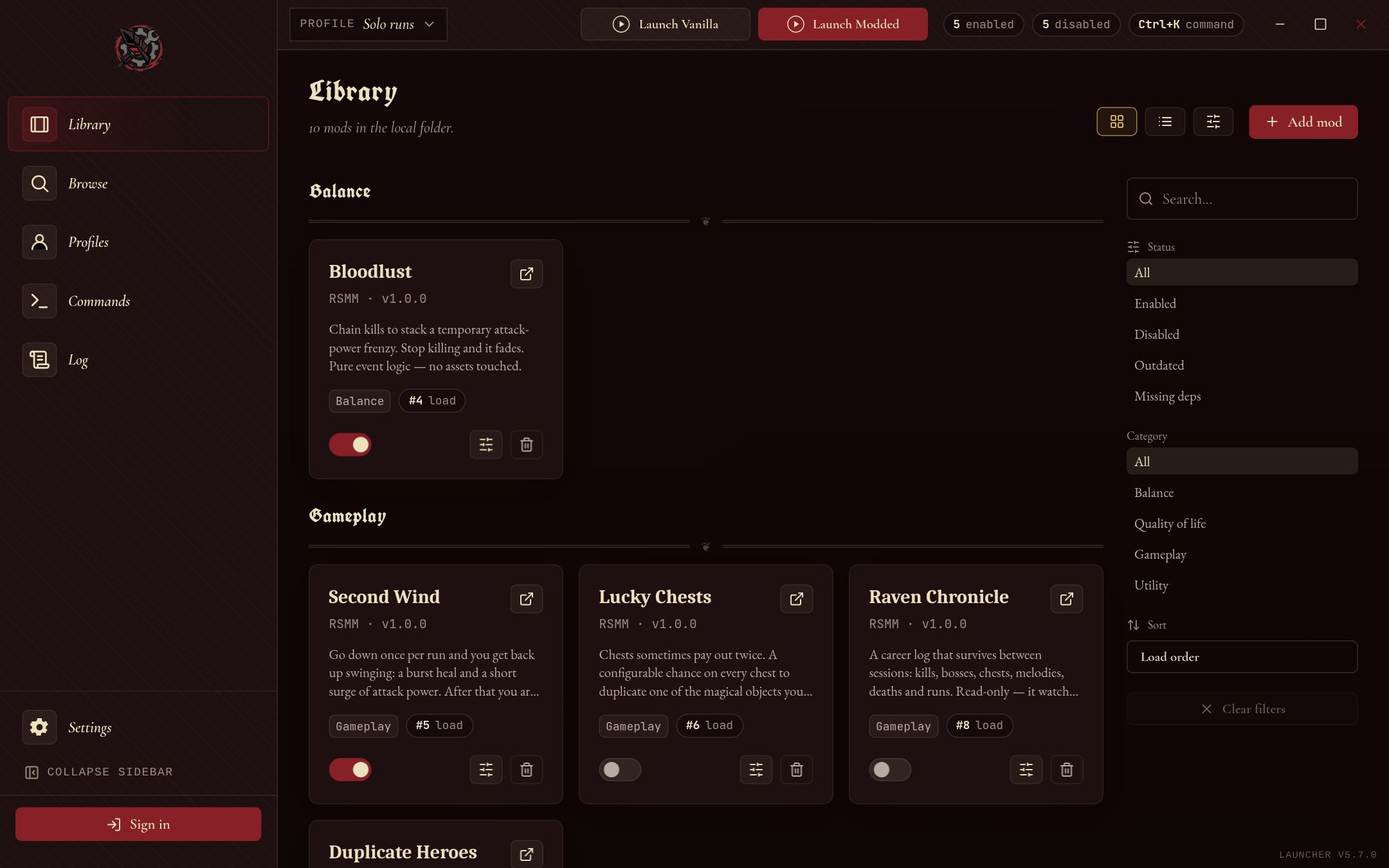 The Ravenswatch Mod Manager library, listing installed mods by category